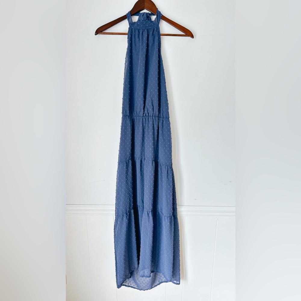 Prettygarden Blue Swiss Dot Tiered Maxi Dress Halter Neck Size Small NWT
